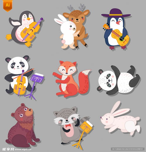 音乐节卡通动物插画素材设计图卡通设计